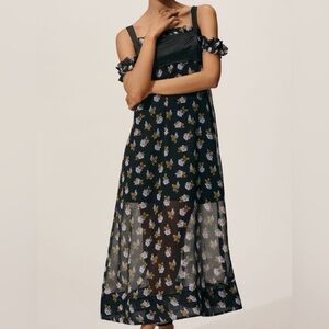 Maeve Square Neck Sheer Floral Black Midi Dress Size Small